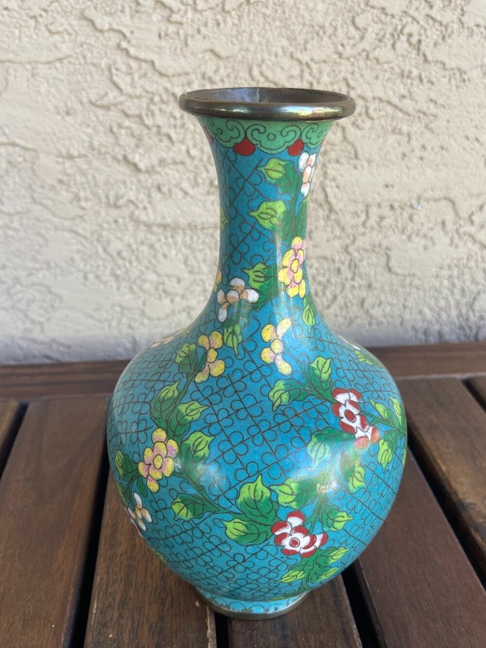 Mid Century Chinese Cloisonné Teal Enamel Vase